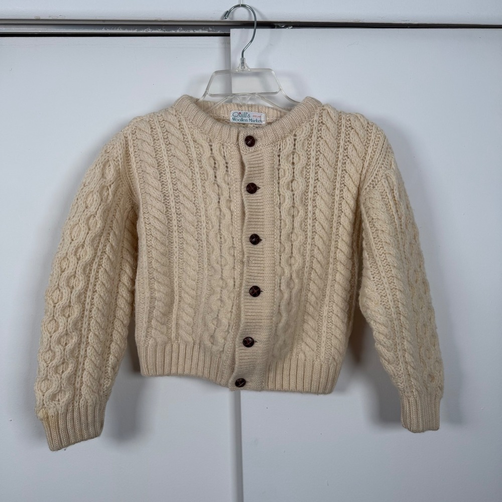 Quill's Woollen Market Irish Aran Cable Knit Cardigan Sweater Cream Kids